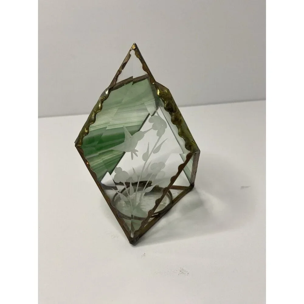 Stained Green Glass Tea Light Holder Etched Glass Hummingbird Floral Design